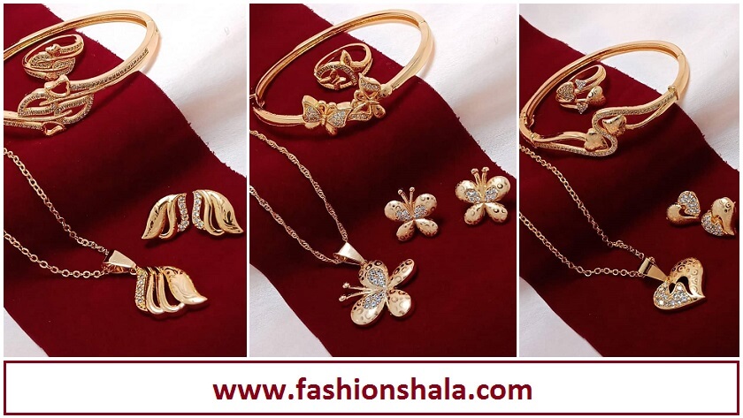 Gold Chain with Pendants Bracelet Ring & Stud Earring Set