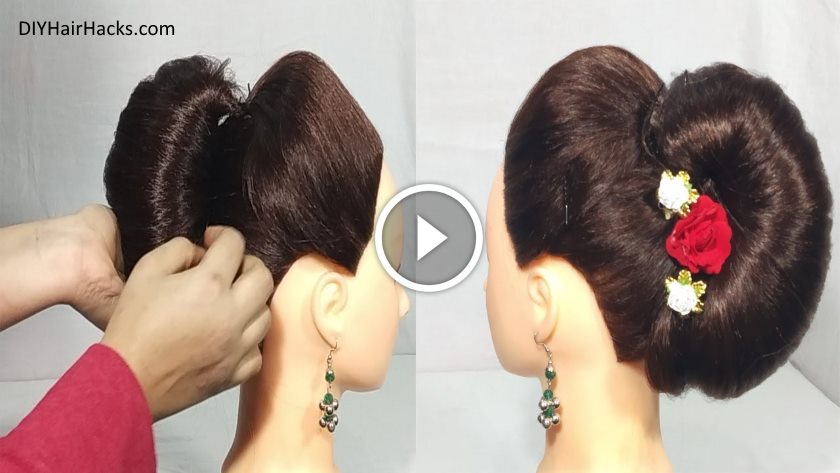 new juda hairstyle with gown || hairstyle for medium hair || party hairstyle  | hairstyle for wedding - YouTube