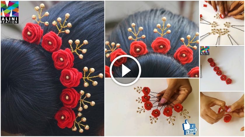 Beautiful rose pearls hairstyle with U pins